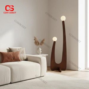 Đèn Sàn Thân Gỗ 2 Bóng Thiết Kế Uốn Lượn Cổ Điển Ánh Sáng Ấm