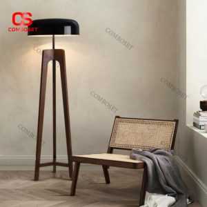 Đèn Sàn Thân Gỗ 3 Chân Chao Kim Loại Sơn Trắng, Đen Đơn Giản Phong Cách Bắc Âu