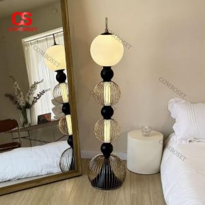 Đèn Sàn Thủy Tinh Hình Cầu Xếp Tầng Hiện Đại Màu Đen Trắng