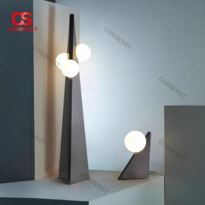 Đèn Tháp Hình Học Kết Hợp Bóng Cầu Trắng Đen Tối Giản Cho Phòng Trưng Bày Nghệ Thuật