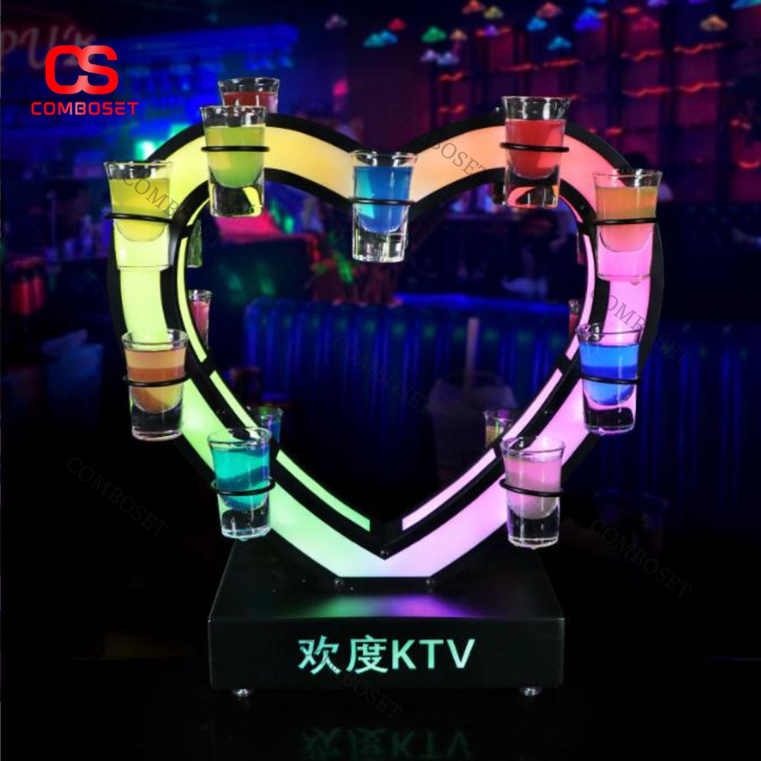 Kệ Đèn Led Trái Tim Đa Sắc Trưng Bày Cocktail Phụ Kiện Decor Quán Bar