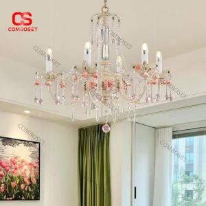 Đèn Chùm Pha Lê Hồng Pastel Phong Cách Châu Âu Lãng Mạn 3 Chế Độ Ánh Sáng