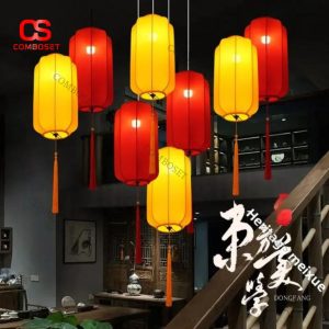 Đèn Lồng Vải Dáng Trụ Phối Màu Đỏ Vàng Treo Trang Trí Nội Ngoại Thất