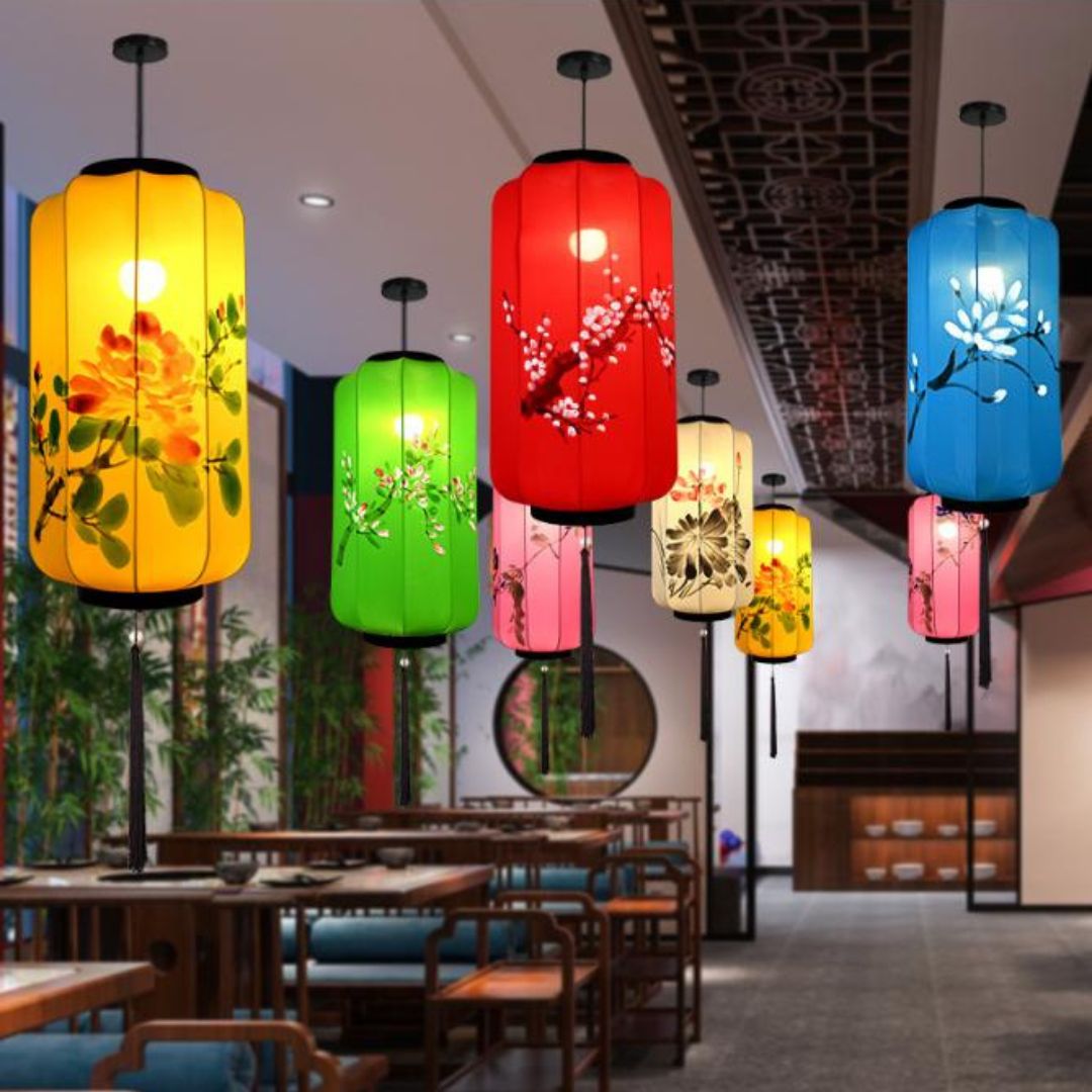 Đèn Lồng Vải Vẽ Tay Hoa Nghệ Thuật Phong Cách Á Đông Cao Cấp
