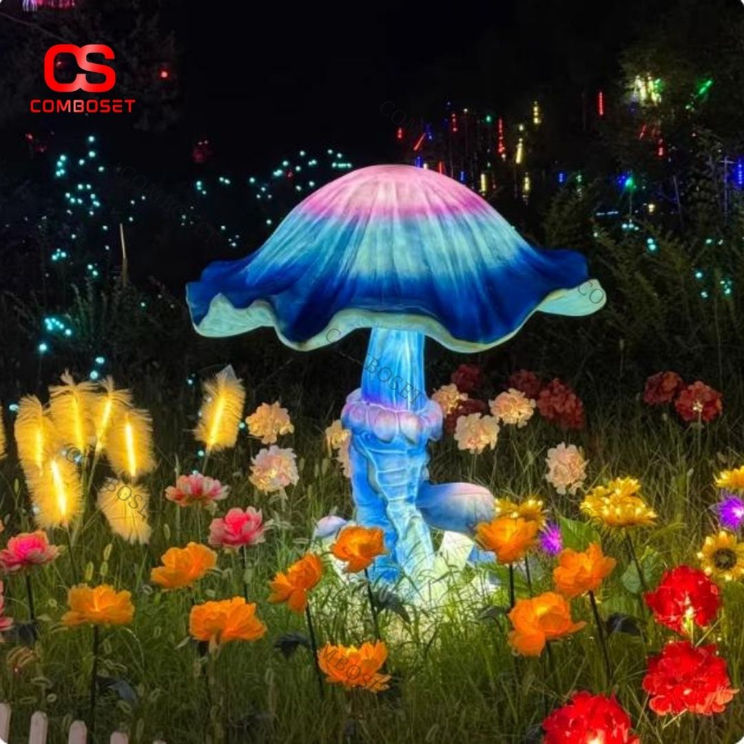 Đèn Sân Vườn Hình Nấm Xanh Hồng Phát Quang Nghệ Thuật Ánh Sáng Lung Linh Ban Đêm