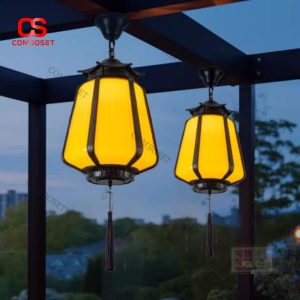 Đèn Thả Trần Á Đông Khung Kim Loại Chao PC Vàng Ấm Trang Trí Hiên & Phòng Trà