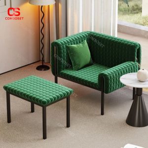 Ghế Sofa Đơn Thiết Kế Vuông Gọn Kèm Gác Chân, Bọc Vải