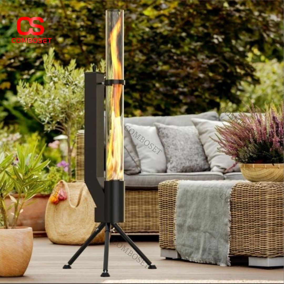 Lò Sưởi Ngoài Trời Dáng Trụ Kính Cao Chân Đứng Kim Loại