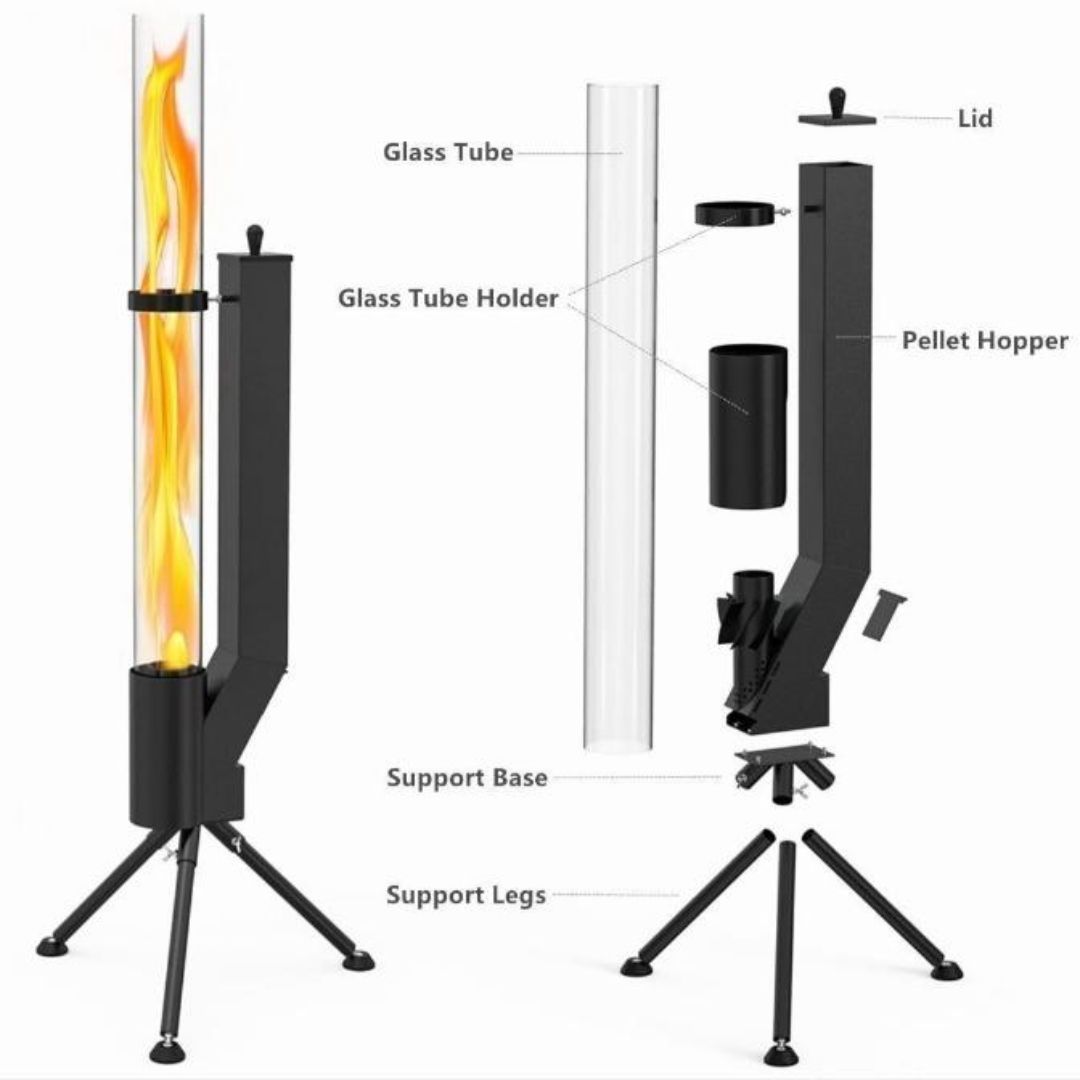 Lò Sưởi Ngoài Trời Dáng Trụ Kính Cao Chân Đứng Kim Loại