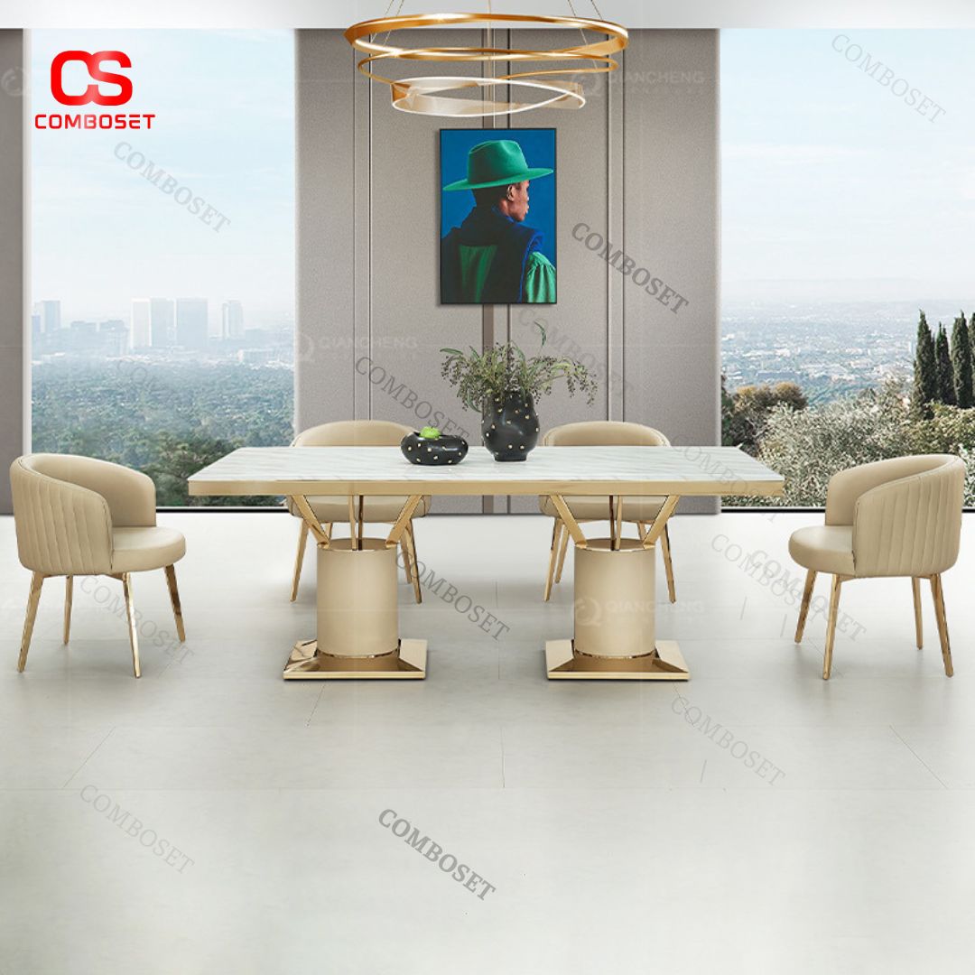 Bàn Ăn Mặt Đá Đen Phong Cách Châu Âu – Chân Inox Vàng