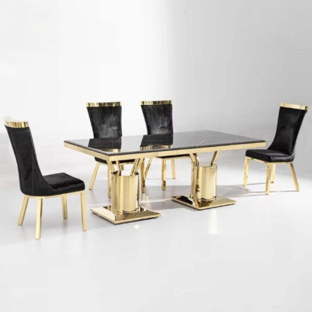 Bàn Ăn Mặt Đá Đen Phong Cách Châu Âu – Chân Inox Vàng