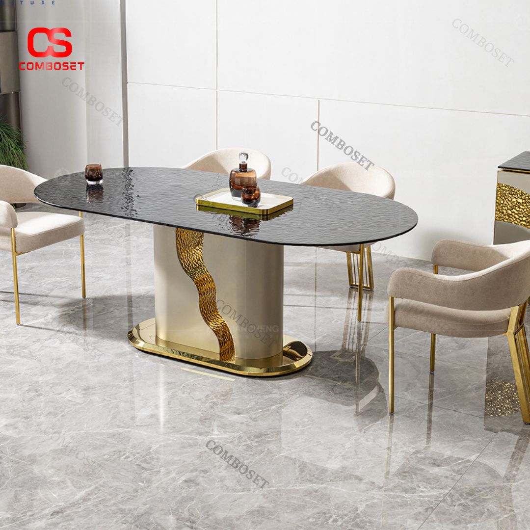 Bàn Ăn Oval Hiện Đại Chân Trụ Vàng Họa Tiết Sang Trọng