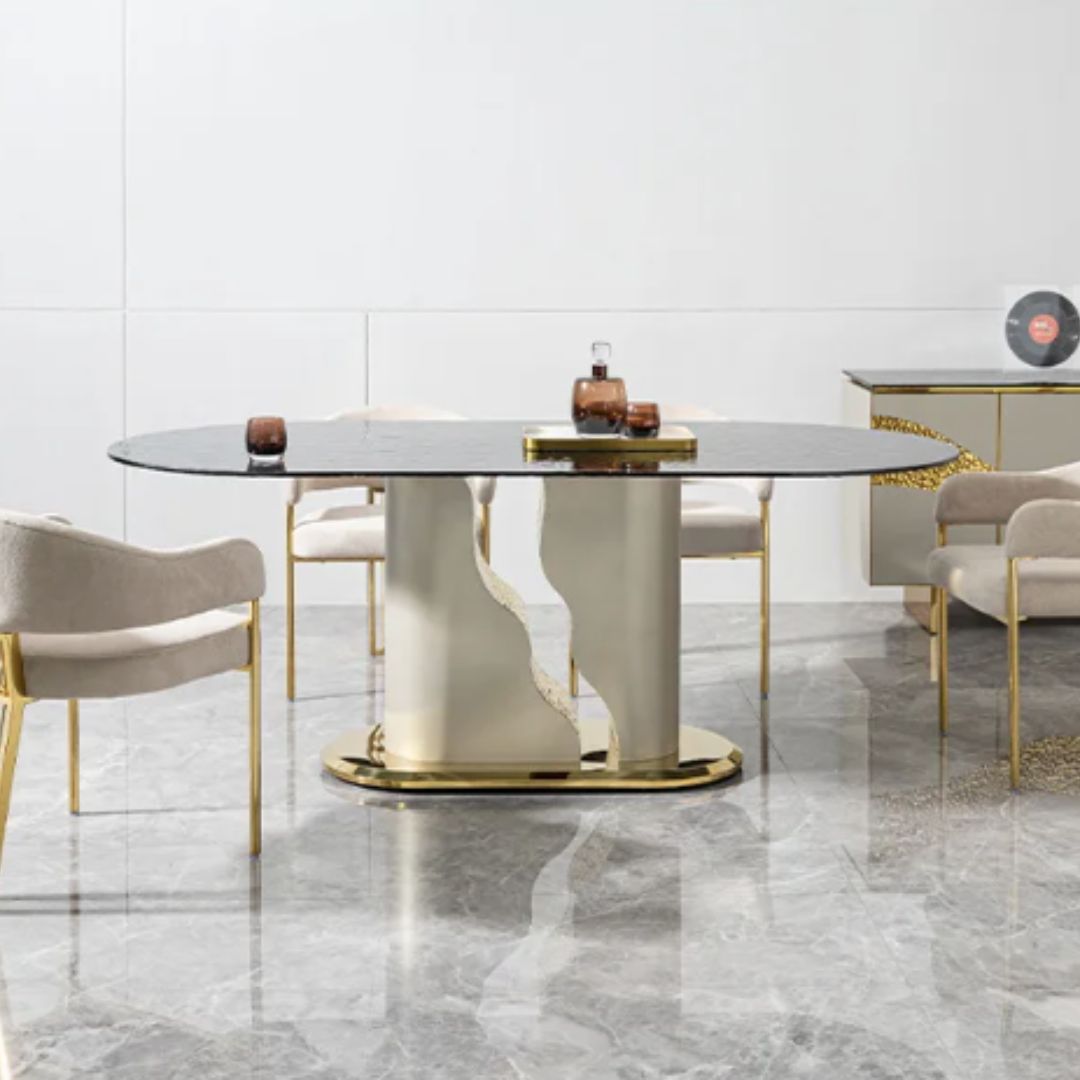 Bàn Ăn Oval Hiện Đại Chân Trụ Vàng Họa Tiết Sang Trọng