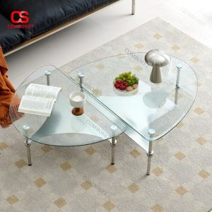 Bàn Trà Kính Đôi Bo Cong, Thiết Kế Lệch Tầng, Phong Cách Hiện Đại