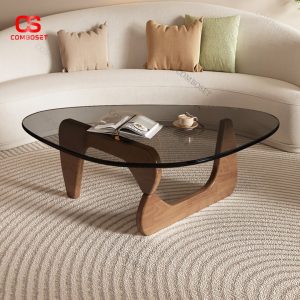 Bàn Trà Kính Oval Chân Gỗ Uốn Cong,Thiết Kế Mềm Mại Tinh Tế