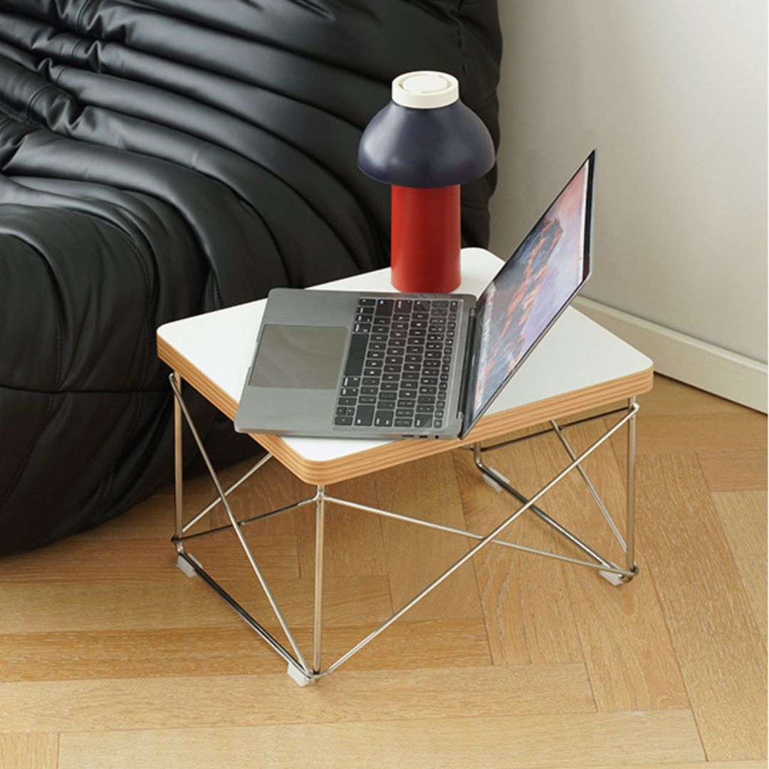 Bàn Trà Mini Khung Thép Đan Chéo – Mặt Gỗ Phủ Trắng Thanh Lịch