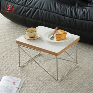 Bàn Trà Mini Khung Thép Đan Chéo – Mặt Gỗ Phủ Trắng Thanh Lịch