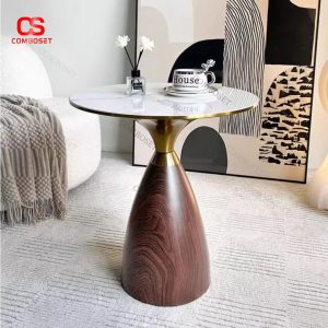 Bàn Trà Tròn Mặt Đá Viền Vàng – Thiết Kế Chân Nón Sang Trọng