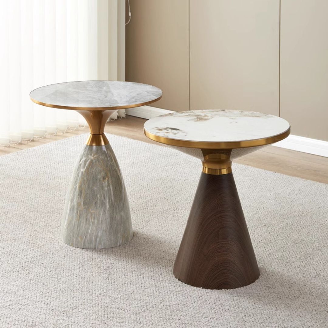 Bàn Trà Tròn Mặt Đá Viền Vàng – Thiết Kế Chân Nón Sang Trọng