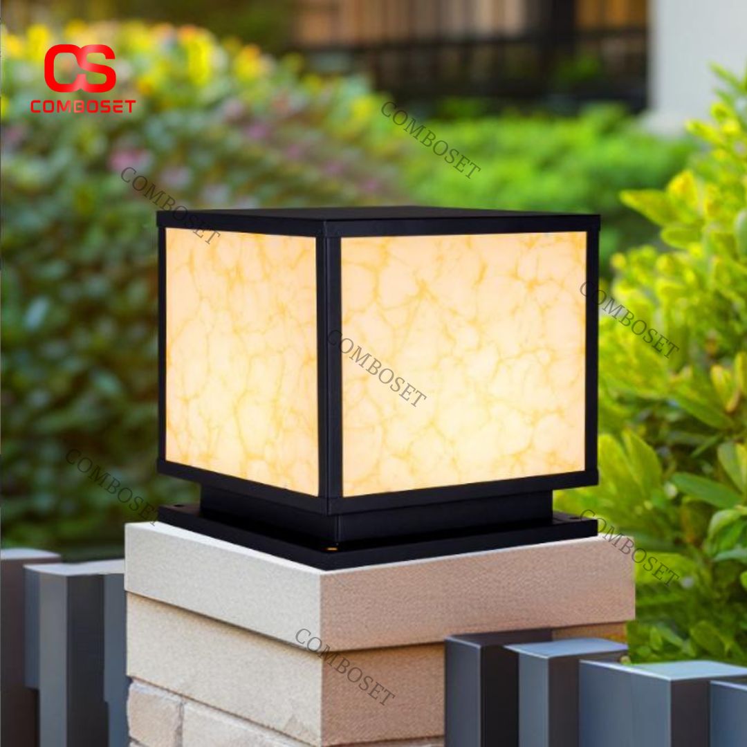 Đèn Trụ Vuông Vân Đá Năng Lượng Mặt Trời Ánh Vàng Cao Cấp
