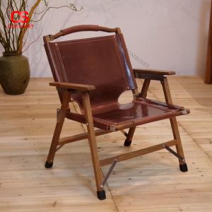 Ghế Gấp Đệm Da, Chân Gỗ, Ghế Ngoài Trời Tựa Lưng