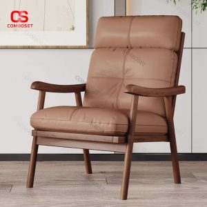 Ghế Sofa Đơn Khung Gỗ Tay Cong, Đệm Da Có Gác Chân