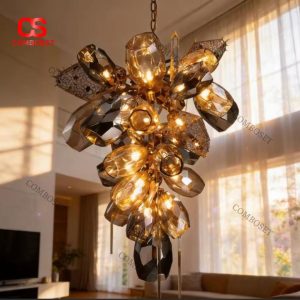 Đèn Chùm Pha Lê Cao Cấp Nghệ Thuật Dáng Cánh Hoa Ánh Sáng Vàng Sang Trọng