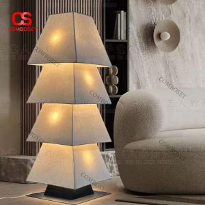 Đèn Sàn Chao Vải Xếp Tầng Ánh Sáng Vàng Ấm Wabi Sabi