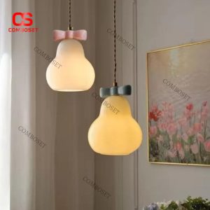 Đèn Thả Thủy Tinh Dáng Chuông Kem Phối Nơ Hồng Ngọt Ngào