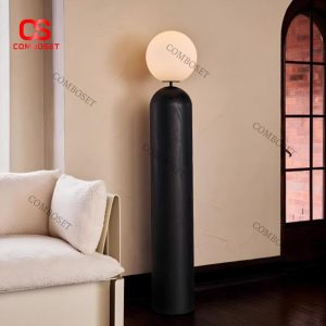 Đèn Sàn Trụ Gỗ Đen Quả Cầu Ánh Sáng Tối Giản Hiện Đại