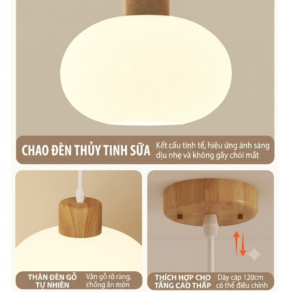 Đèn Treo Phòng Gỗ Tự Nhiên Chao Thủy Tinh Hồng Cam Nhạt – Điểm Nhấn Hiện Đại Cho Không Gian Sống 4163 - Ảnh 3