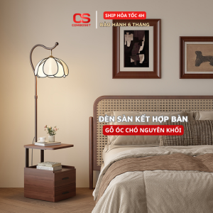 Đèn sàn đứng dáng cao kết hợp bàn gỗ nguyên khối là sự lựa chọn hoàn hảo để trang trí cho không gian phòng ngủ phòng khách của mọi gia đình