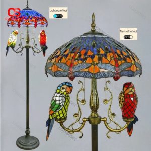 Đèn Cây Tiffany Chao Chuồn Chuồn Kết Hợp Chim Vẹt Trang Trí Phòng Khách