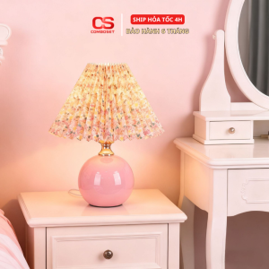 Đèn Ngủ Đầu Giường Retro 3 Chế Độ Sáng, Đèn Bàn Gốm Sứ Chụp Xếp Ly Họa Tiết Hoa Trang Trí Phòng Ngủ