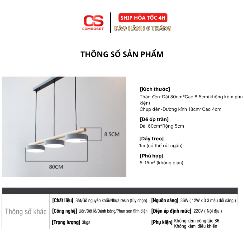 Đèn Thả Bàn Ăn Bắc Âu 3 Đầu, Đèn Thả Trần Hiện Đại Decor Phòng Ăn Phong Cách Macaron 4040 - Ảnh 3